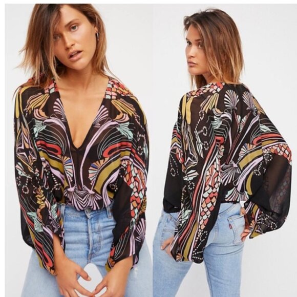 FREE PEOPLE Beneath the Sea Black Print Top size M - Picture 2 of 14